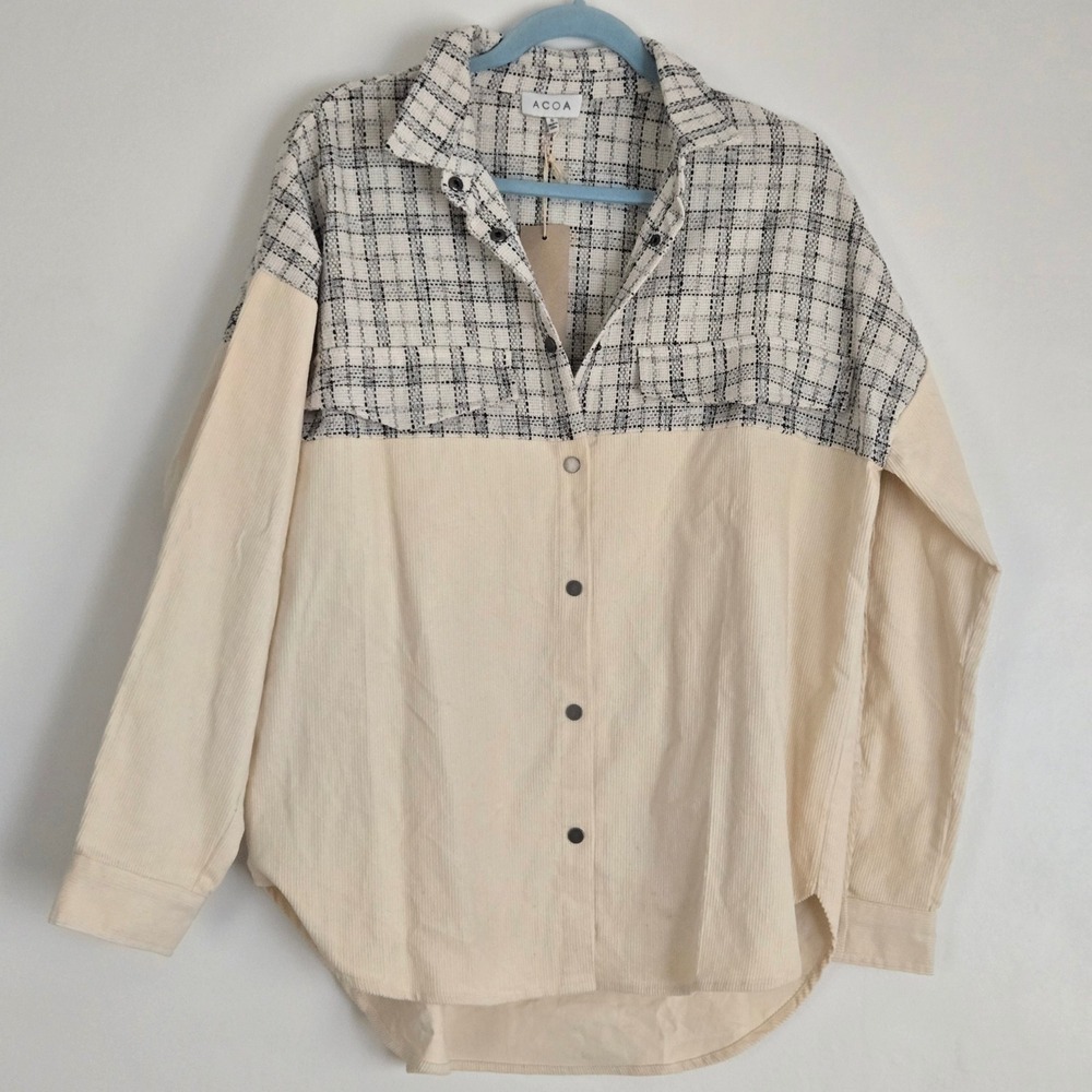 ACOA Cream‎ Corduroy and Plaid Tweed Mixed Media Shacket Snap Front Small NWT